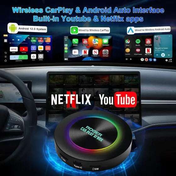 Roger’s CarPlay AI Box with 4G SIM Slot | Android 13 | 4GB+64GB | Qualcomm | Stream YouTube, Netflix, Google Maps | Wireless CarPlay & Android Auto | 4K Video | Dual Bluetooth | GPS | 2-Year Warranty