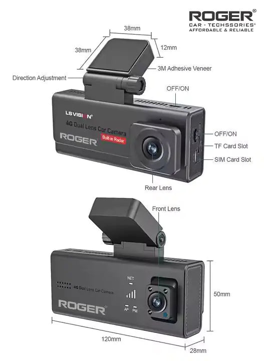 Roger’s 4G SIM Based Dashcam! Dual cameras (front & rear) capture crystal-clear video with night vision. Enjoy live streaming, GPS tracking, G-sensor collision alerts, and remote access via app. Comes with WiFi
