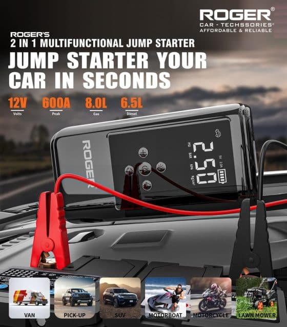 Roger 2-In-1 Multifunctional Jump Starter – Your Ultimate Car Emergency Companion! Jump-Start Your Vehicle, Inflate Tires, Charge Your Gadgets, Or Light Up The Night – All In One Compact Device. 🚗