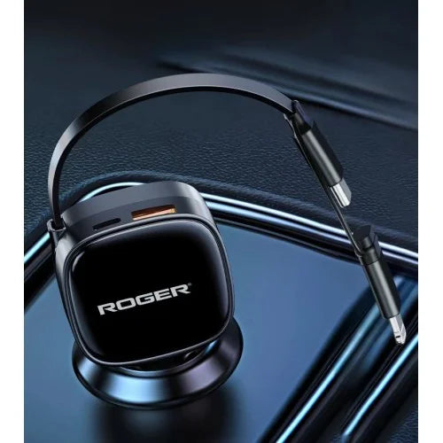 Roger 84W 3-in-1 Retractable Car Charger – Dual Port (33W Type-C PD + 18W USB-A) | 80cm Cable | Fast Charging for Laptop, iPhone, Android & More – Black