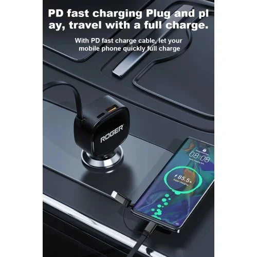 Roger Highly Durable 3-Year Warranty 84W 3-in-1 Retractable Car Charger – 33W Type-C PD + 18W USB-A Dual Port | 80cm Cable | Fast Charging for Laptop, iPhone & Android – Black