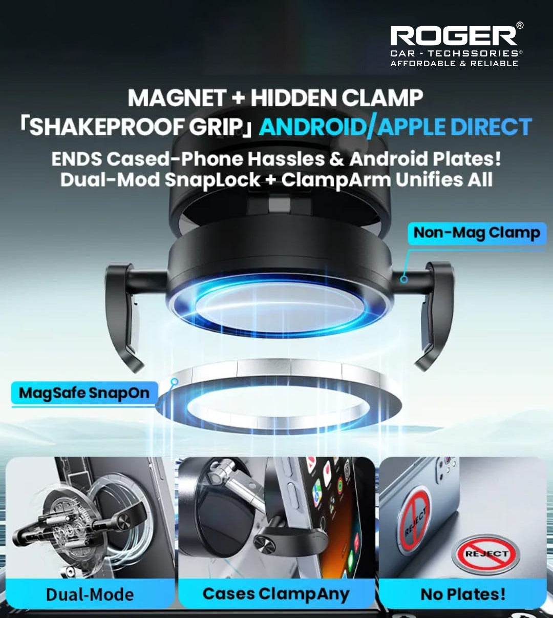 Roger Multi-Surface Phone Holder with Grip-Lock Toggle, MagSafe + Clip Mount, 720° Rotation, Foldable Universal Stand