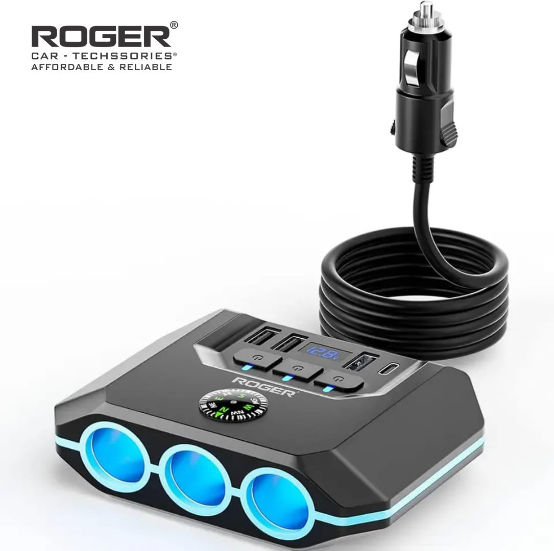7-in-1 Cigarette Lighter Splitter, 120W Car Charger Adapter with 3 Sockets & Independent Switches, 4 USB Ports (USB-A/USB-C), LED Voltage Display
