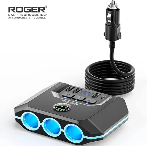 7-in-1 Cigarette Lighter Splitter, 120W Car Charger Adapter with 3 Sockets & Independent Switches, 4 USB Ports (USB-A/USB-C), LED Voltage Display