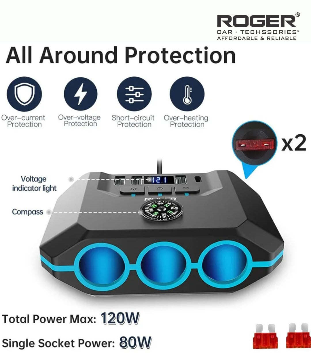 7-in-1 Cigarette Lighter Splitter, 120W Car Charger Adapter with 3 Sockets & Independent Switches, 4 USB Ports (USB-A/USB-C), LED Voltage Display