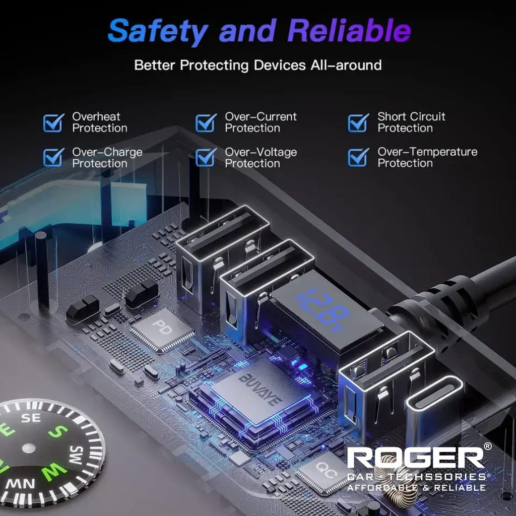 ROGER 7-in-1 Cigarette Lighter Splitter, 120W Car Charger Adapter with 3 Sockets & Independent Switches, 4 USB Ports (USB-A/USB-C), LED Voltage Display