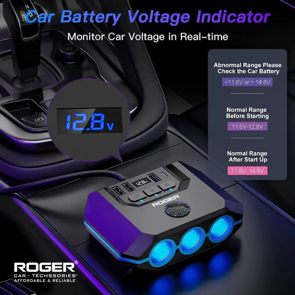 ROGER 7-in-1 Cigarette Lighter Splitter, 120W Car Charger Adapter with 3 Sockets & Independent Switches, 4 USB Ports (USB-A/USB-C), LED Voltage Display