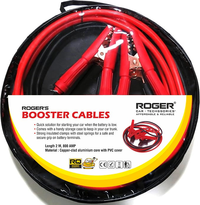 ROGER 800A Jump Start Booster Cable, 2 Meter Heavy-Duty Copper-Clad Aluminium, Insulated Clamps with Storage Case