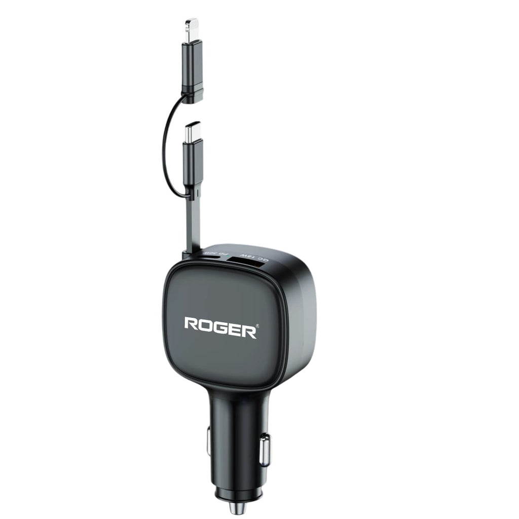 ROGER Highly Durable 3-Year Warranty 84W 3-in-1 Retractable Car Charger – 33W Type-C PD + 18W USB-A Dual Port | 80cm Cable | Fast Charging for Laptop, iPhone & Android – Black