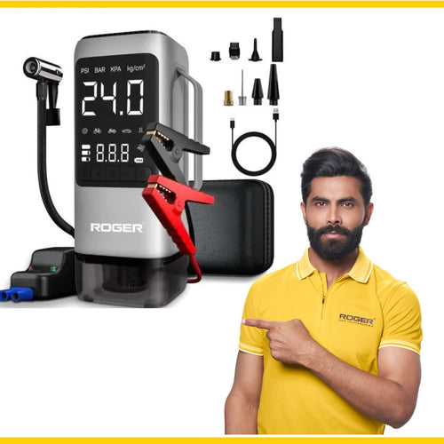 ROGER 6-in-1 Car Jump Starter with Digital Tyre Inflator (150 PSI), Vacuum Cleaner, 8000mAh Power Bank & LED Light | For 6.0L Petrol & 3.0L Diesel Cars