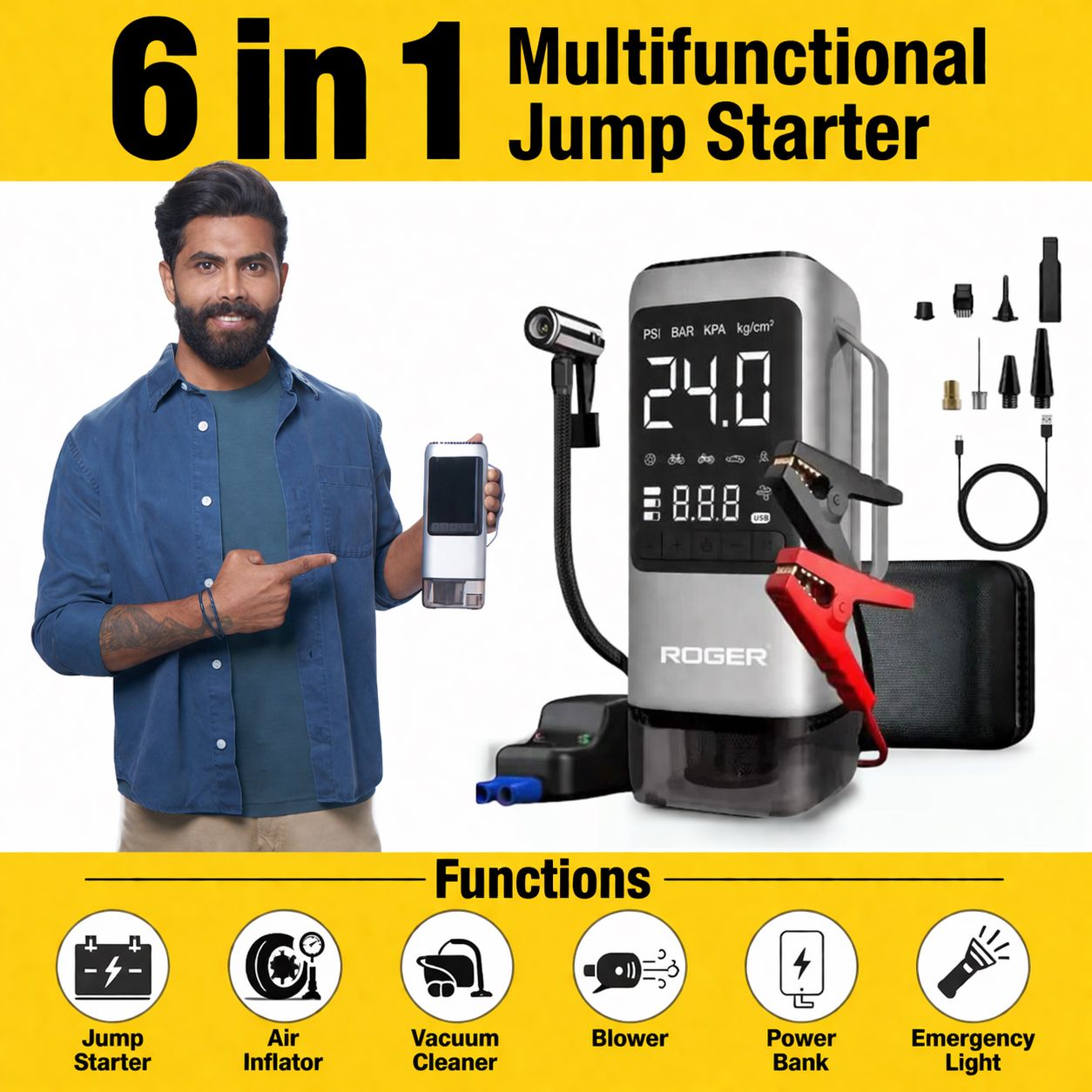 ROGER 6-in-1 Car Jump Starter with Digital Tyre Inflator (150 PSI), Vacuum Cleaner, 8000mAh Power Bank & LED Light | For 6.0L Petrol & 3.0L Diesel Cars