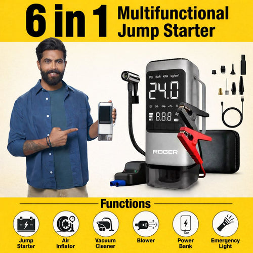 ROGER 6-in-1 Car Jump Starter with Digital Tyre Inflator (150 PSI), Vacuum Cleaner, 8000mAh Power Bank & LED Light | For 6.0L Petrol & 3.0L Diesel Cars