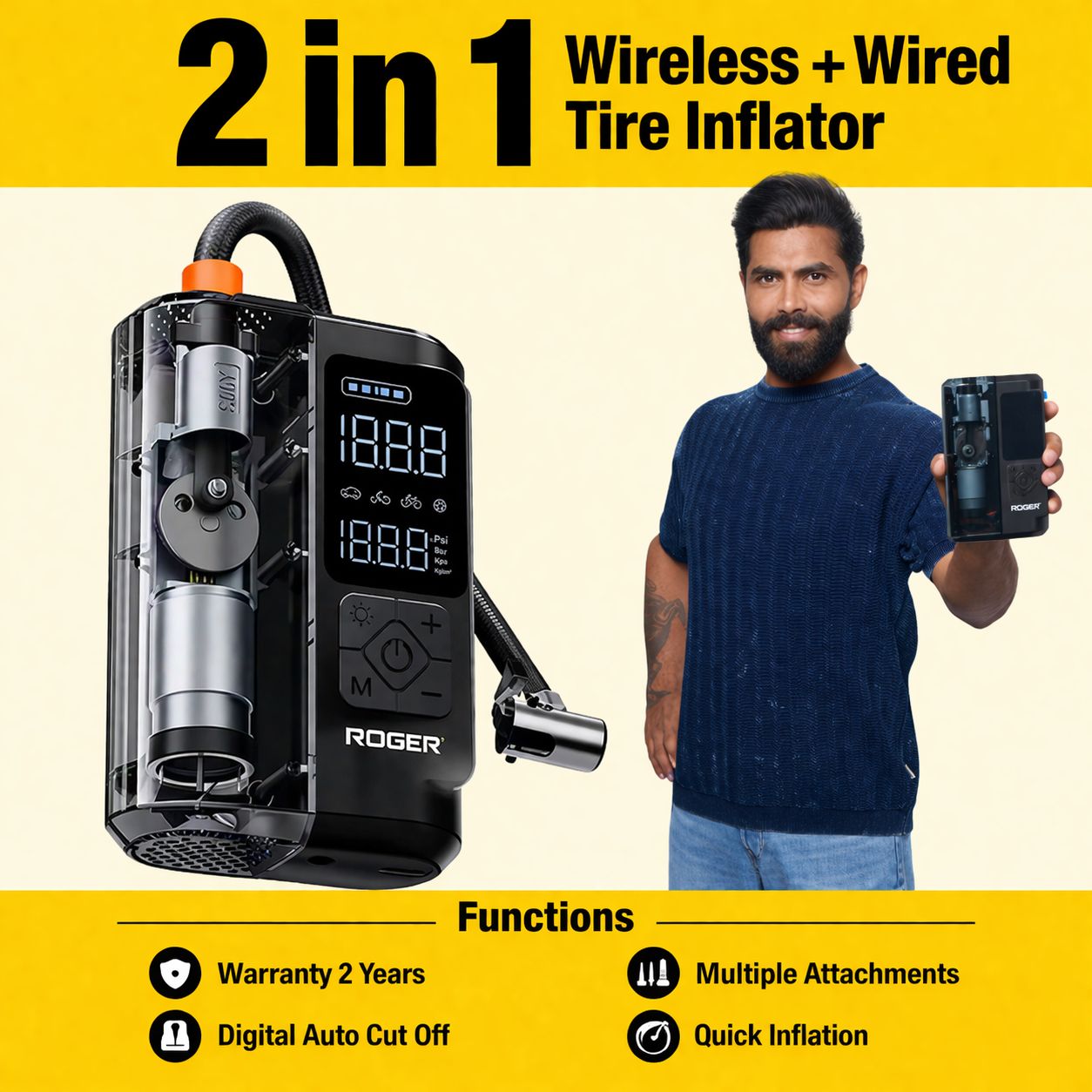 ROGER Transparent View - Smart Tyre Inflator | Dual Mode (Battery & Car 12V Port)