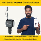 ROGER Highly Durable 3-Year Warranty 84W 3-in-1 Retractable Car Charger – 33W Type-C PD + 18W USB-A Dual Port | 80cm Cable | Fast Charging for Laptop, iPhone & Android – Black