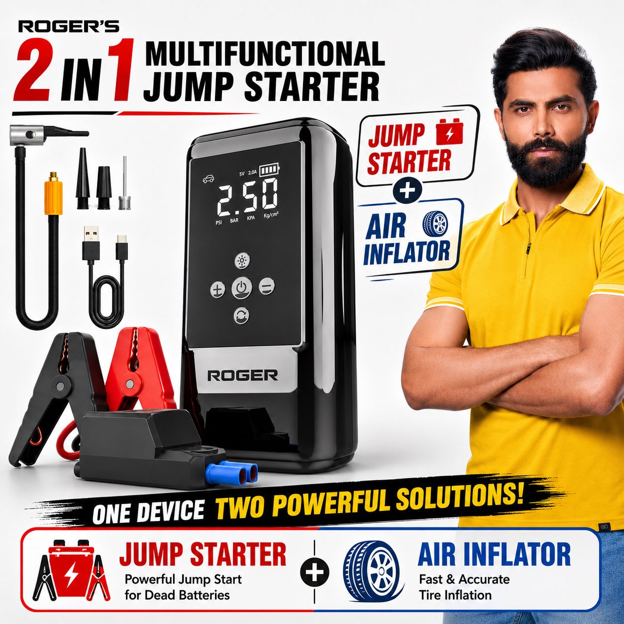 Roger 2-In-1 Multifunctional Jump Starter – Your Ultimate Car Emergency Companion! Jump-Start Your Vehicle, Inflate Tires, Charge Your Gadgets, Or Light Up The Night – All In One Compact Device. 🚗