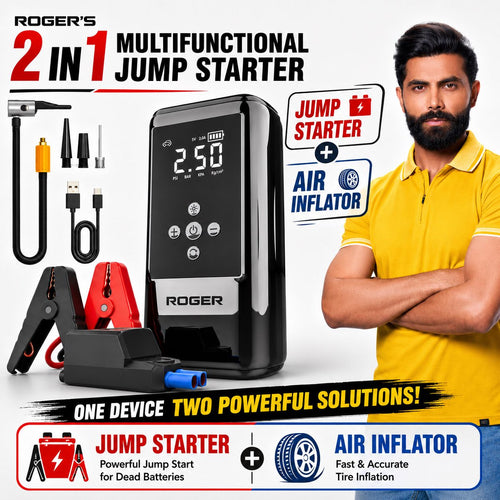Roger 2-In-1 Multifunctional Jump Starter – Your Ultimate Car Emergency Companion! Jump-Start Your Vehicle, Inflate Tires, Charge Your Gadgets, Or Light Up The Night – All In One Compact Device. 🚗