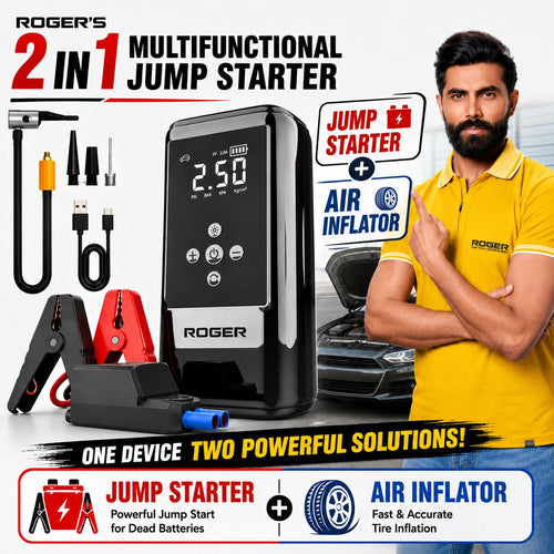 Roger 2-In-1 Multifunctional Jump Starter – Your Ultimate Car Emergency Companion! Jump-Start Your Vehicle, Inflate Tires, Charge Your Gadgets, Or Light Up The Night – All In One Compact Device. 🚗