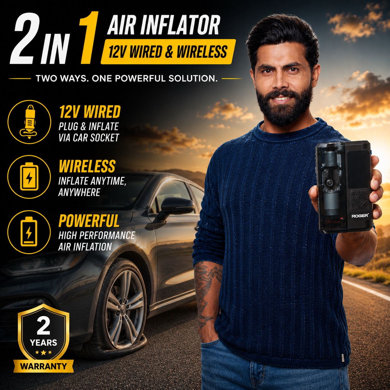 ROGER Transparent View - Smart Tyre Inflator | Dual Mode (Battery & Car 12V Port)