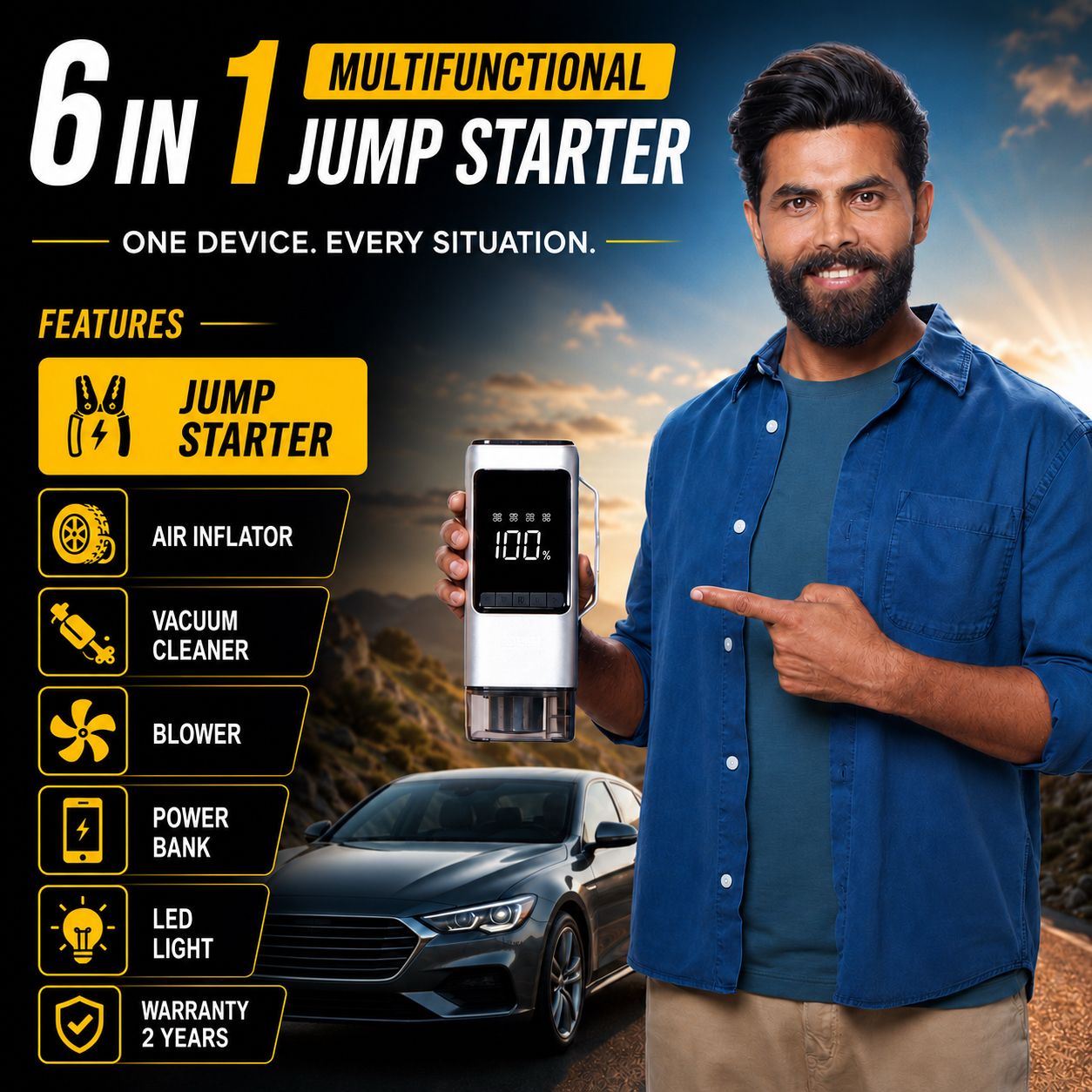 ROGER 6-in-1 Car Jump Starter with Digital Tyre Inflator (150 PSI), Vacuum Cleaner, 8000mAh Power Bank & LED Light | For 6.0L Petrol & 3.0L Diesel Cars