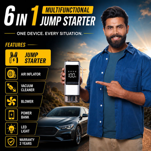 ROGER 6-in-1 Car Jump Starter with Digital Tyre Inflator (150 PSI), Vacuum Cleaner, 8000mAh Power Bank & LED Light | For 6.0L Petrol & 3.0L Diesel Cars