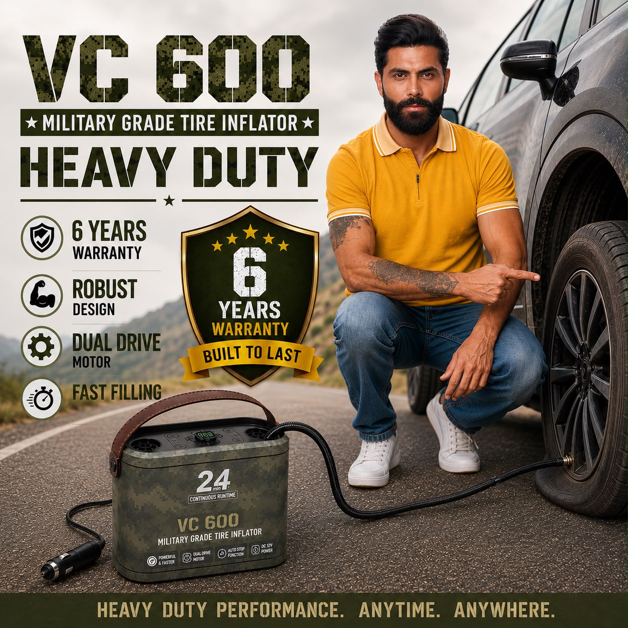 ROGER VC600 Heavy Duty 12V Robust Milatry Grade Tyre Inflator- Unconditional 6 Year Warranty