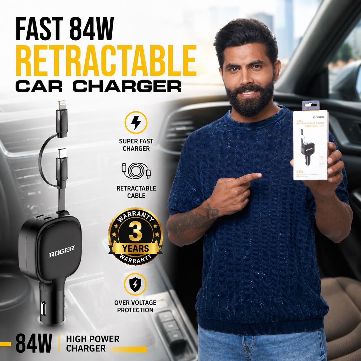 ROGER Highly Durable 3-Year Warranty 84W 3-in-1 Retractable Car Charger – 33W Type-C PD + 18W USB-A Dual Port | 80cm Cable | Fast Charging for Laptop, iPhone & Android – Black