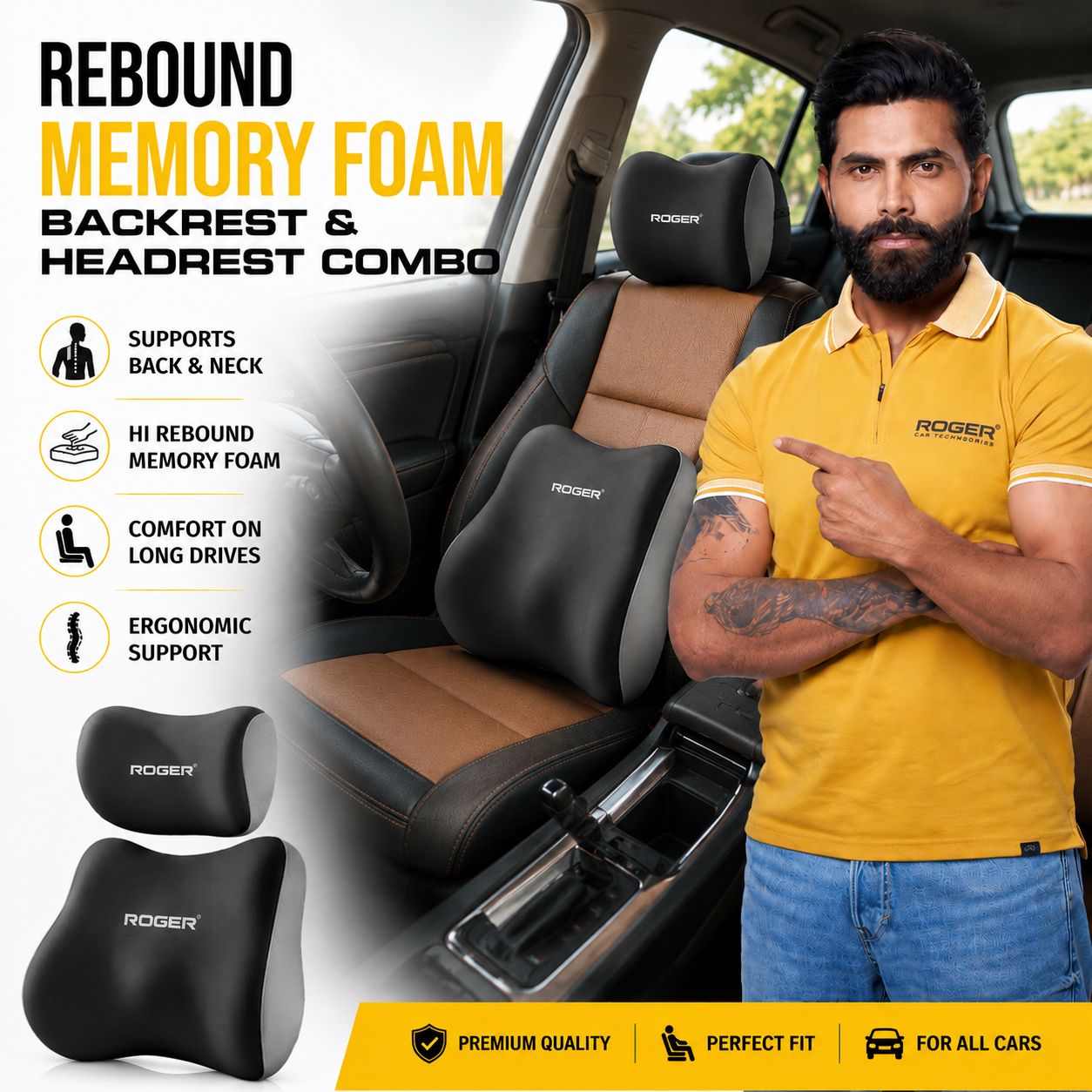 ROGER Ergonomic Car Neck Pillow & Lumbar Support Cushion Set for Driving Comfort & Back Pain Relief