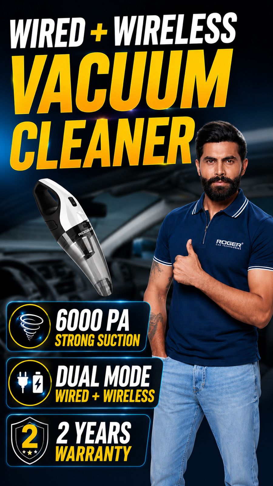 ROGER Dual Mode Strong Suction Car Vacuum Cleaner | Wireless Battery + 12V Car Socket | 6000 Pa Strong Suction | 2 Years Warranty