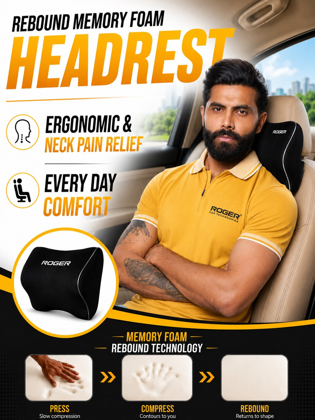 Responsive Memory Foam Headrest | 1-Year Warranty | Supports Neck | Reduces Neck Fatigue | Maintains Proper Driving Posture