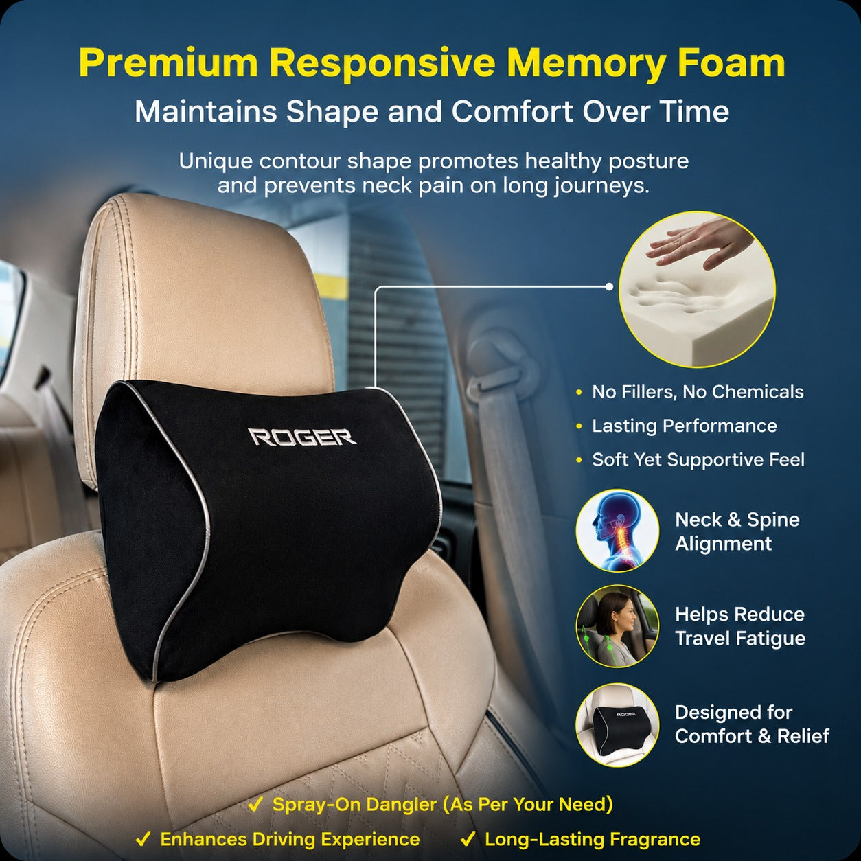 Responsive Memory Foam Headrest | 1-Year Warranty | Supports Neck | Reduces Neck Fatigue | Maintains Proper Driving Posture