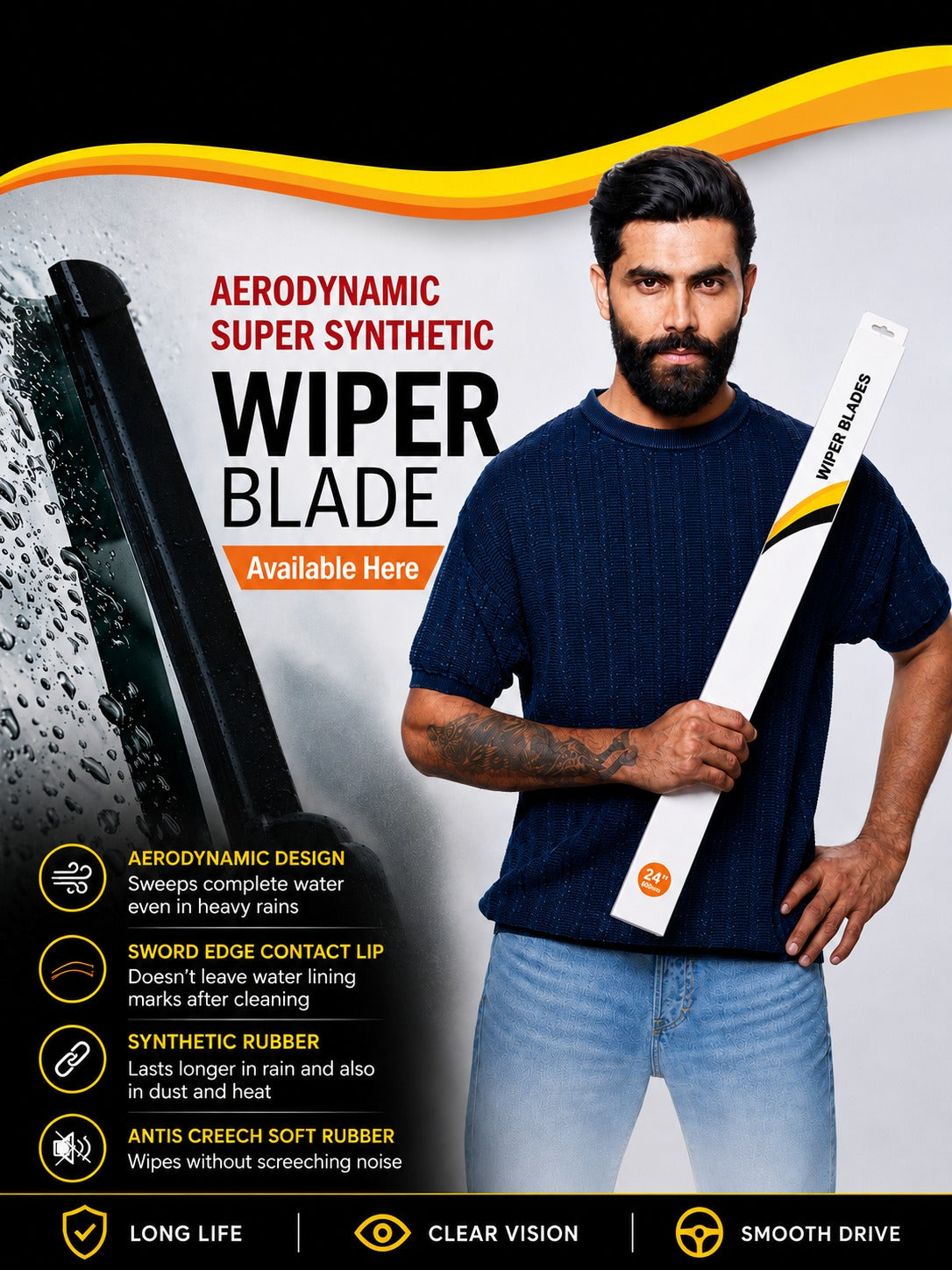 Super Synthetic Rubber | 6-Month Warranty | Streak-Free Wiping | Noise-Free Operation | High-Speed Stability | All-Weather Performance
