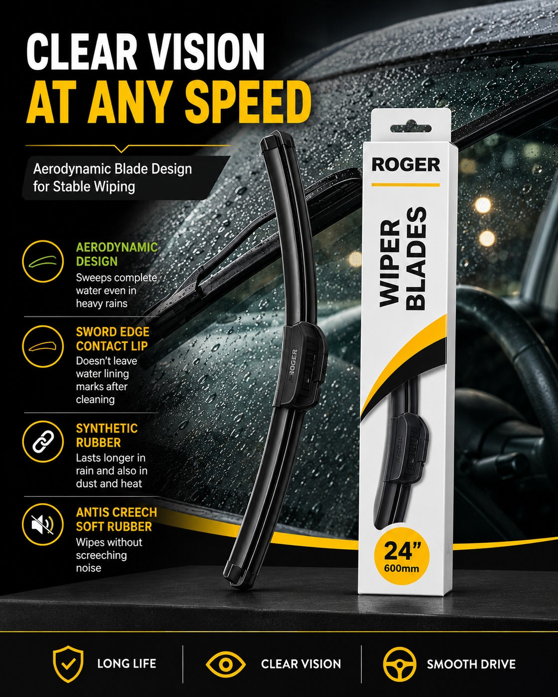 Super Synthetic Rubber | 6-Month Warranty | Streak-Free Wiping | Noise-Free Operation | High-Speed Stability | All-Weather Performance