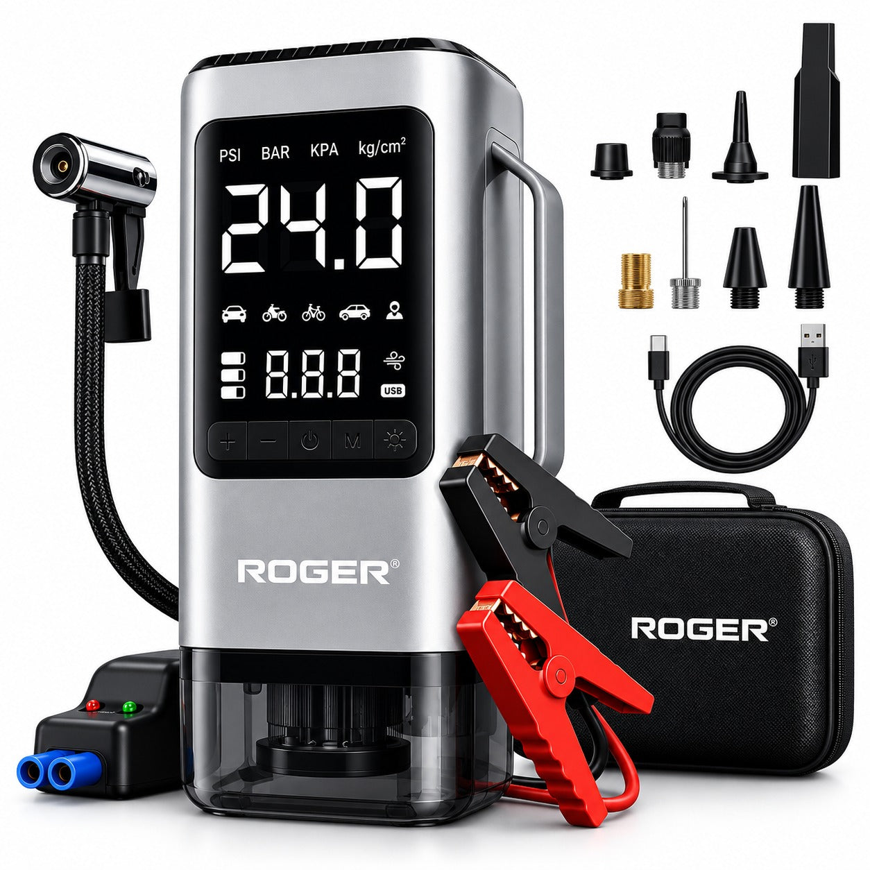 Roger 6 in 1 Jump Starter | Supports 6.0L Petrol & 3.0L Diesel | Starts Dead Battery | 150 PSI Digital Inflator | Built-in Vacuum Cleaner | 8000 mAh Power Bank | 2-Year Warranty