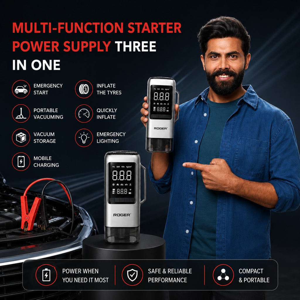 Roger 6 in 1 Jump Starter | Supports 6.0L Petrol & 3.0L Diesel | Starts Dead Battery | 150 PSI Digital Inflator | Built-in Vacuum Cleaner | 8000 mAh Power Bank | 2-Year Warranty