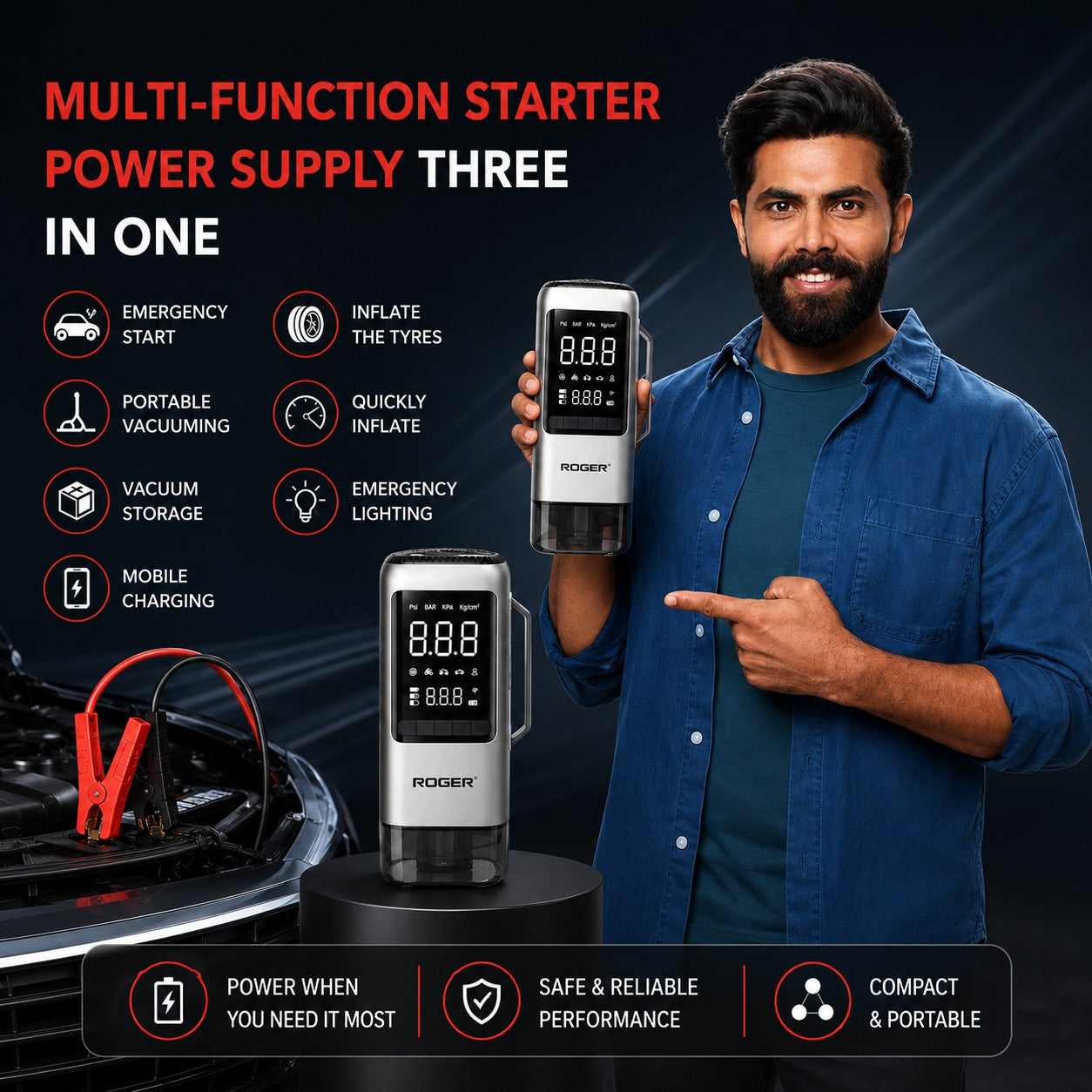 Roger 6 in 1 Jump Starter | Supports 6.0L Petrol & 3.0L Diesel | Starts Dead Battery | 150 PSI Digital Inflator | Built-in Vacuum Cleaner | 8000 mAh Power Bank | 2-Year Warranty