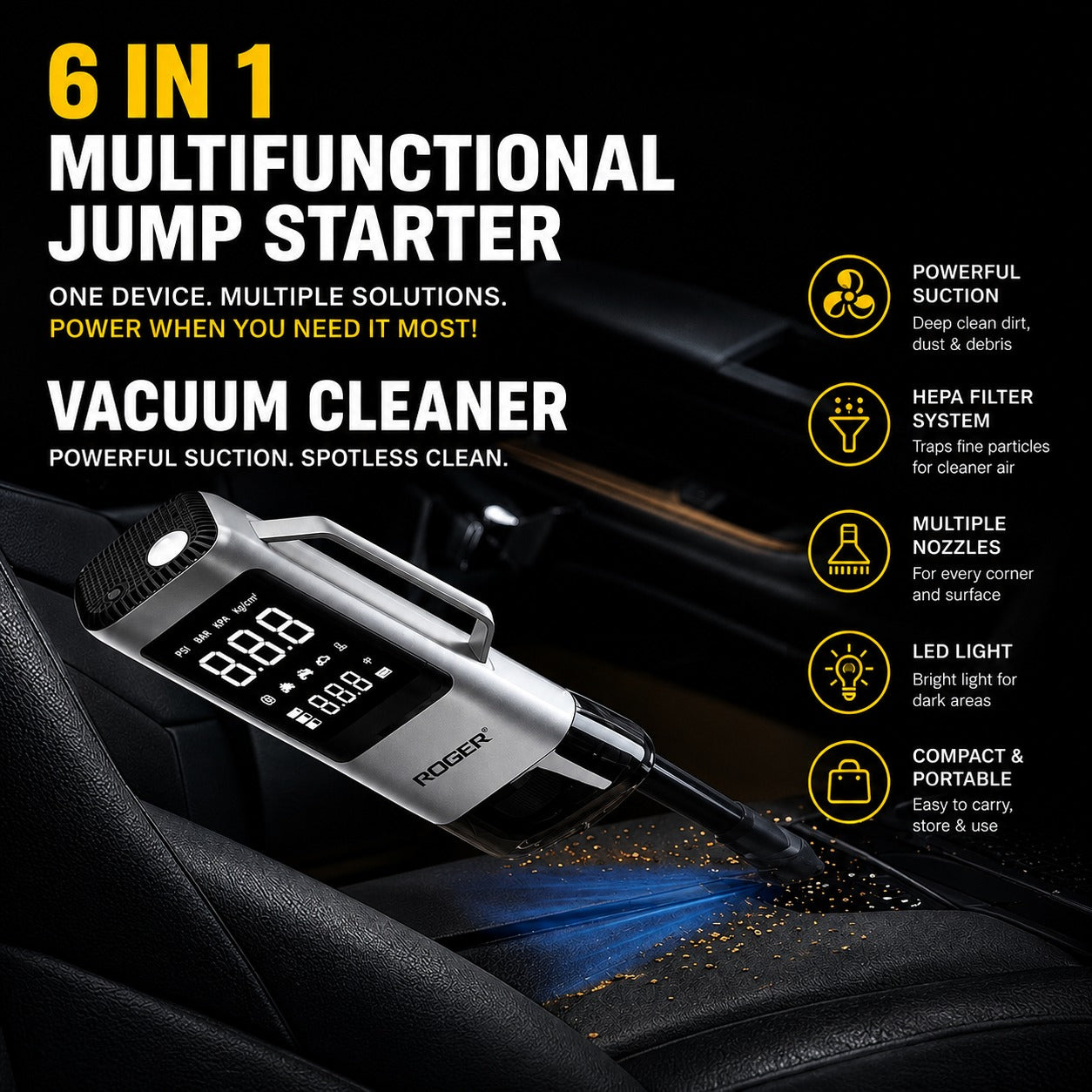 Roger 6 in 1 Jump Starter | Supports 6.0L Petrol & 3.0L Diesel | Starts Dead Battery | 150 PSI Digital Inflator | Built-in Vacuum Cleaner | 8000 mAh Power Bank | 2-Year Warranty