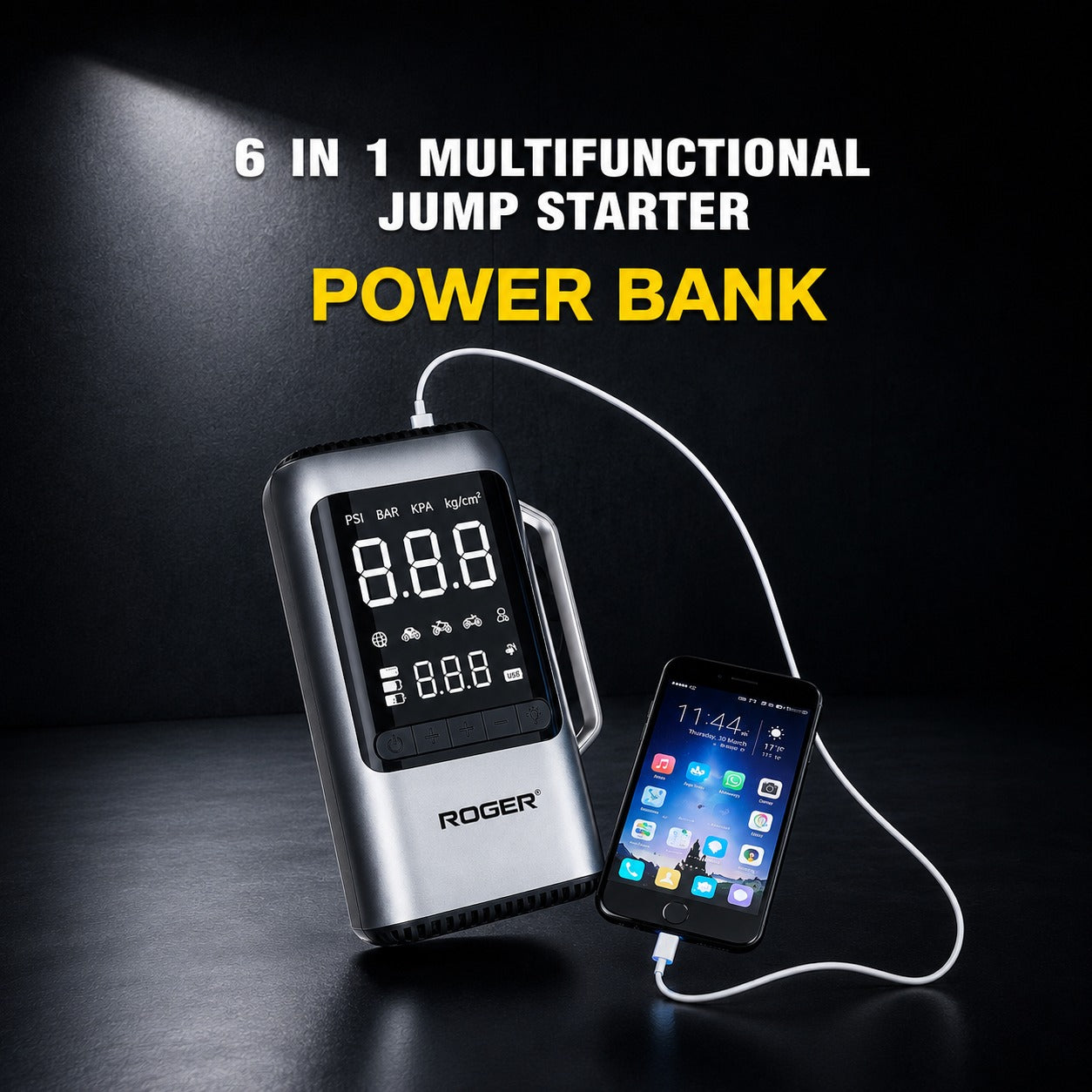 Roger 6 in 1 Jump Starter | Supports 6.0L Petrol & 3.0L Diesel | Starts Dead Battery | 150 PSI Digital Inflator | Built-in Vacuum Cleaner | 8000 mAh Power Bank | 2-Year Warranty