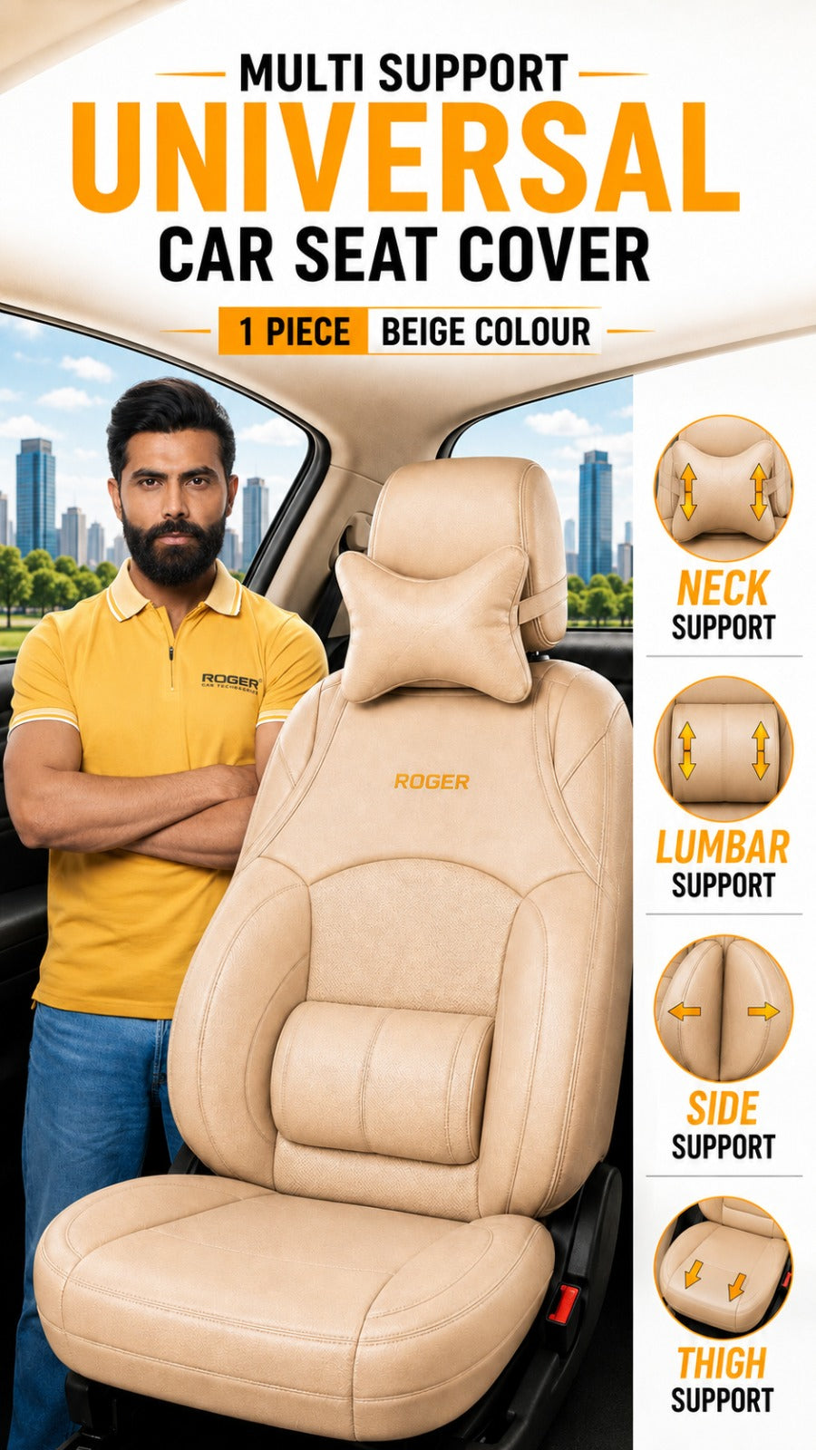 Roger Universal Multi-Support Seat Cover |1-Piece | Supports Neck to Thighs | Fits All Car Models | 12-Month Stitching Warranty | Reduces Long Drive Fatigue | Built-In Lumbar Support | Premium Synthetic Leather