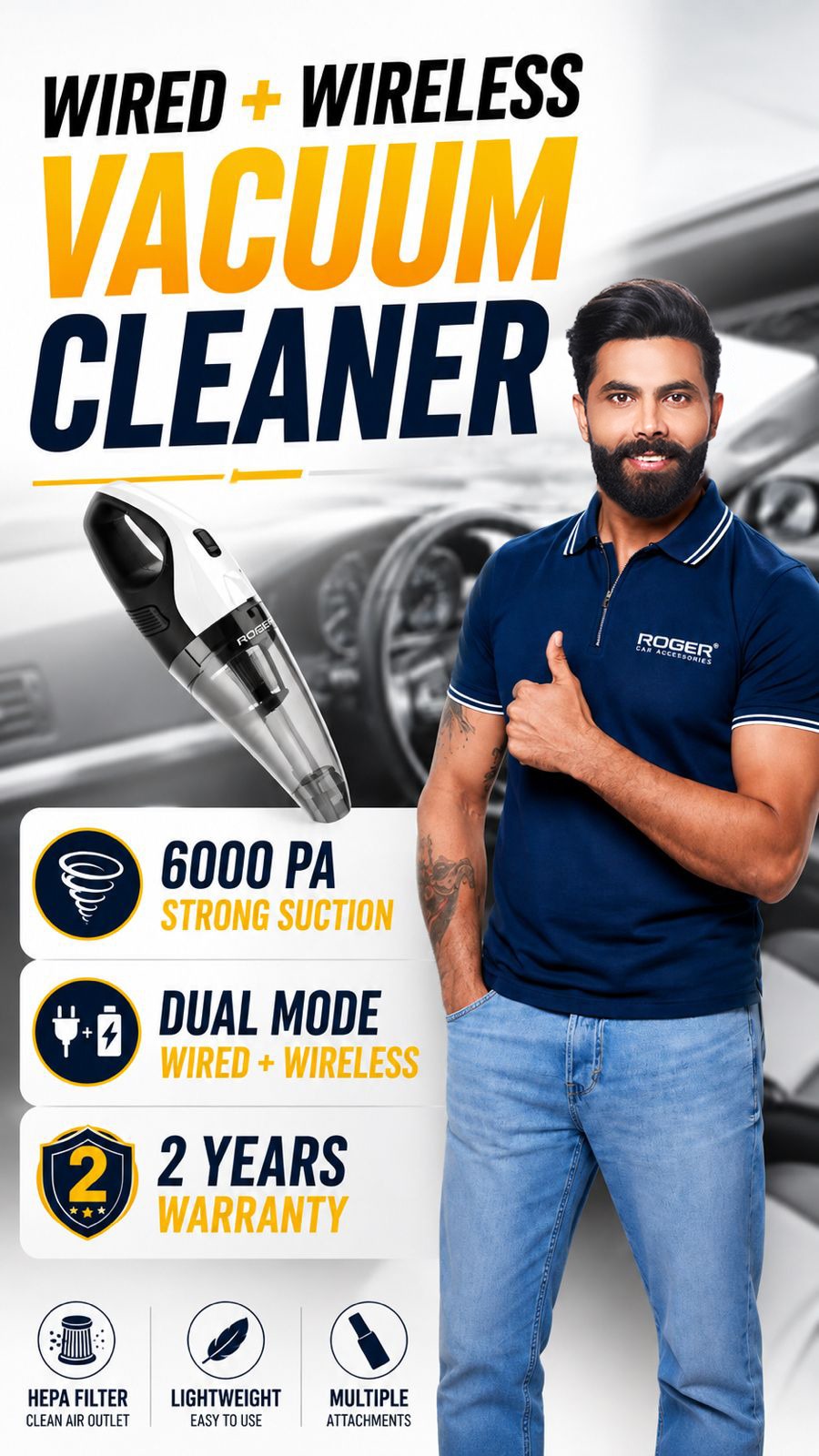 Roger Wired + Wireless Vacuum Cleaner | 6000 Pa Strong Suction | 2-Year Warranty | Cleans Every Corner | Built-in LED Light