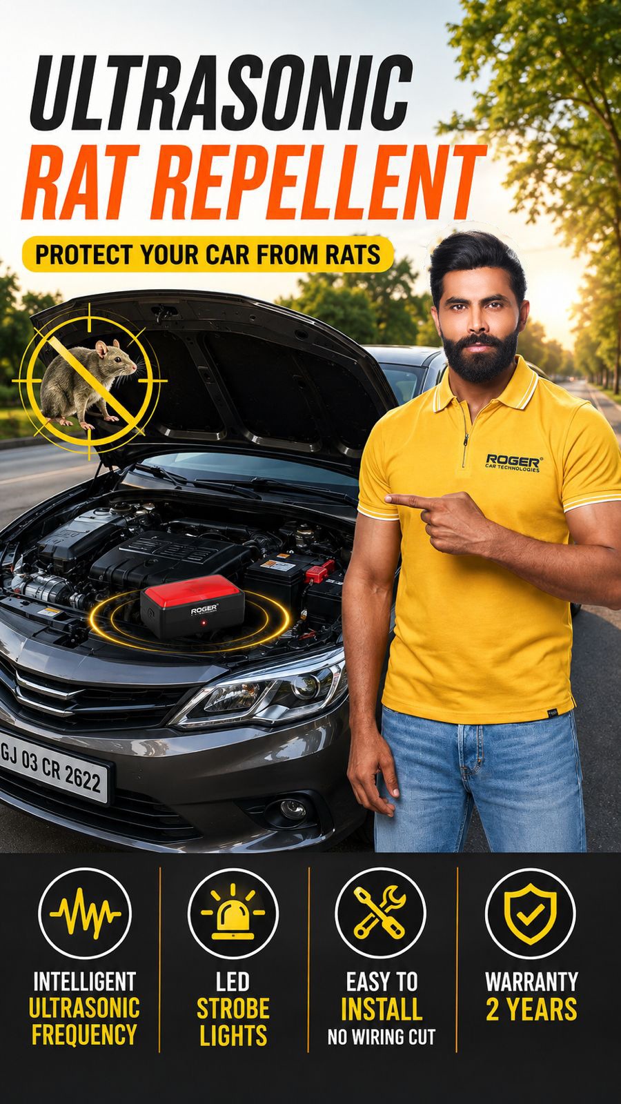 Roger Ultrasonic Rat Repellent | Protects Engine Wiring | DIY Easy Installation | No Wire Cutting Required | 2-Year Warranty | 4 LED Strobe Lights | Waterproof Design |
