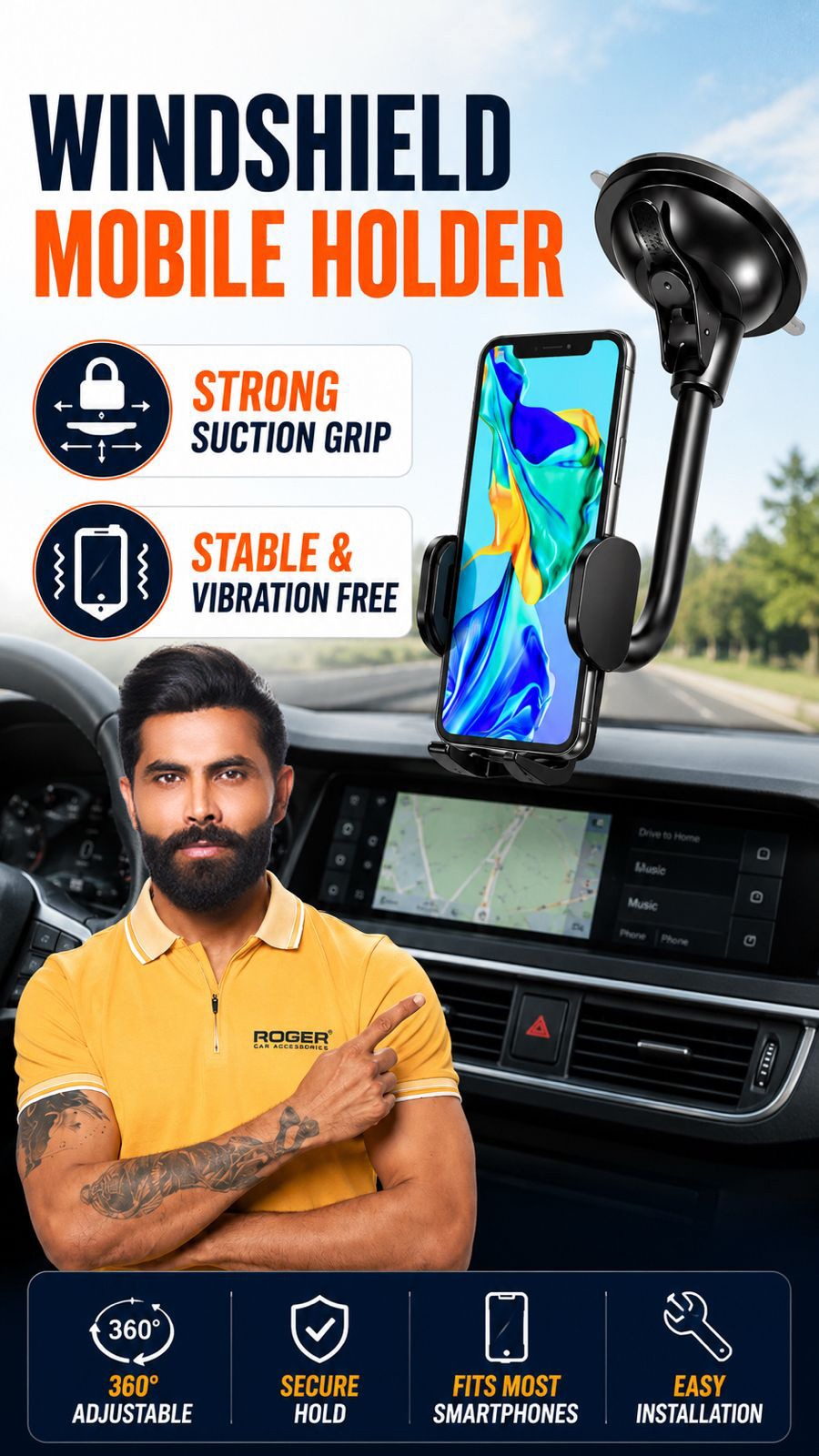 Roger Windscreen Mobile Holder | Strong Vacuum Suction | Auto-Locking Phone Grip | 360° Adjustable Viewing | 6-Month Warranty