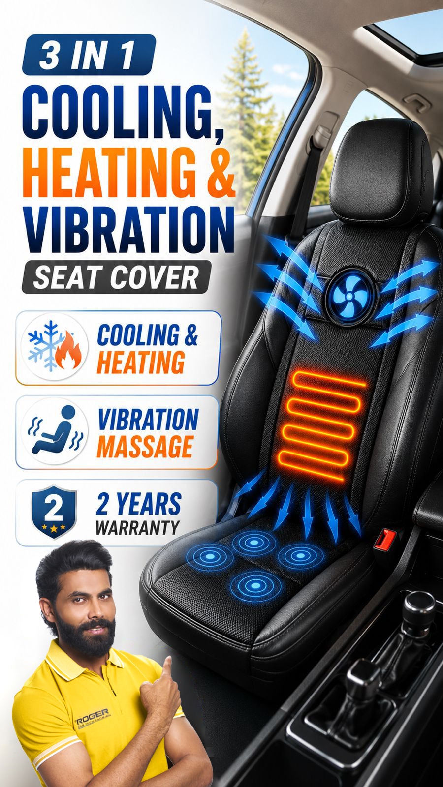 Roger 3-in-1 Cooling, Heating & Massage Seat Cover | 2-Year Warranty | All-Season Driving Comfort | Reduces Long Drive Fatigue | Breathable Mesh Design
