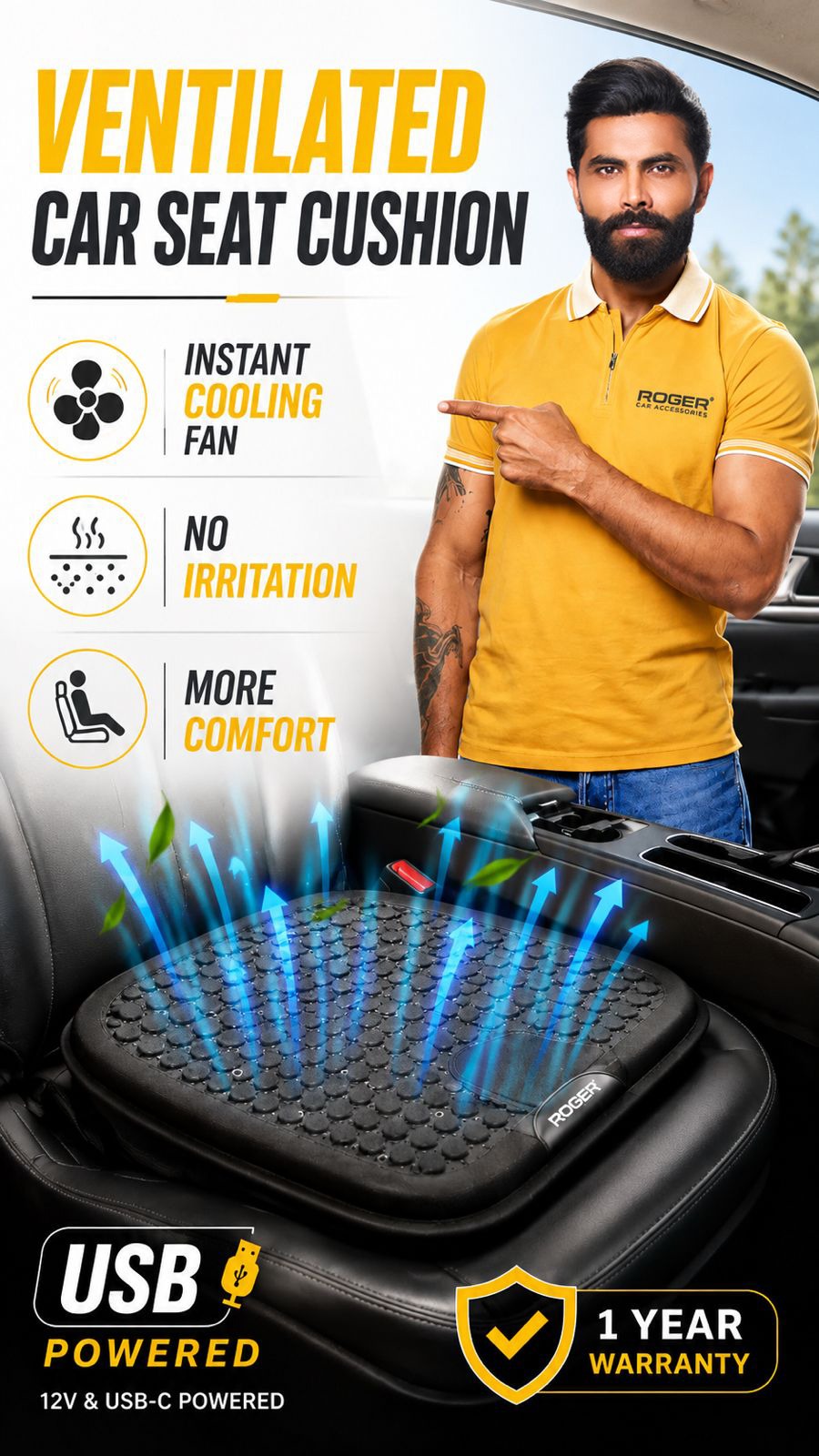 Roger Ventilated Cooling Seating Cushion | 1-Year Warranty | Sweat-Free Driving Comfort | 3-Speed Cooling Fan | Remote Control | USB Powered