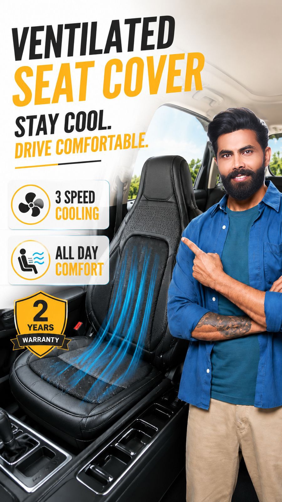 Roger Ventilated Cooling Seat Cover | 3-Speed Fan Control | 2-Year Warranty | Sweat-Free Driving Comfort | Breathable Mesh Design | Reduces Long Drive Fatigue