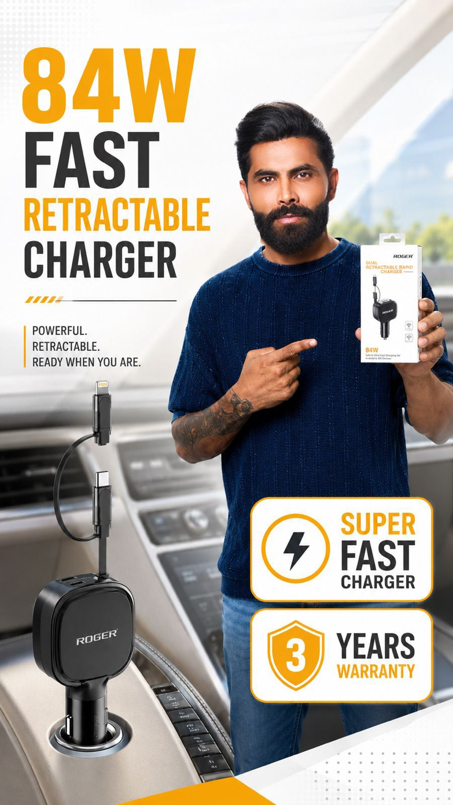 Roger 84W Fast Charger | 3-Year Warranty | Charge Multiple Devices Simultaneously | Retractable 80 cm Cable | Mess-Free Cable Management
