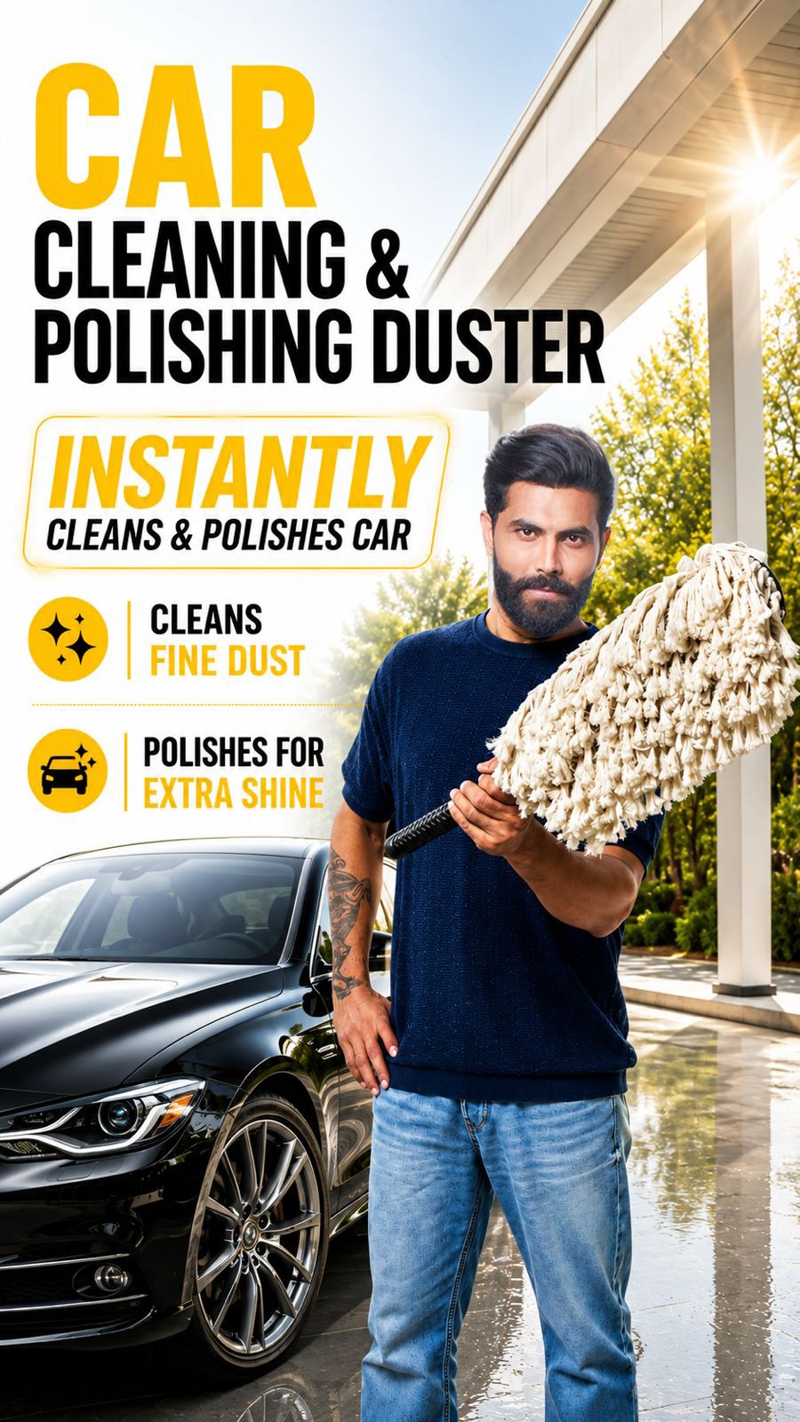 Roger Duster | Cleans & Polishes in Minutes | No Water Required | Long Handle for Rooftop & Windshield Cleaning | 6-Month Warranty | Scratch-Free Cleaning