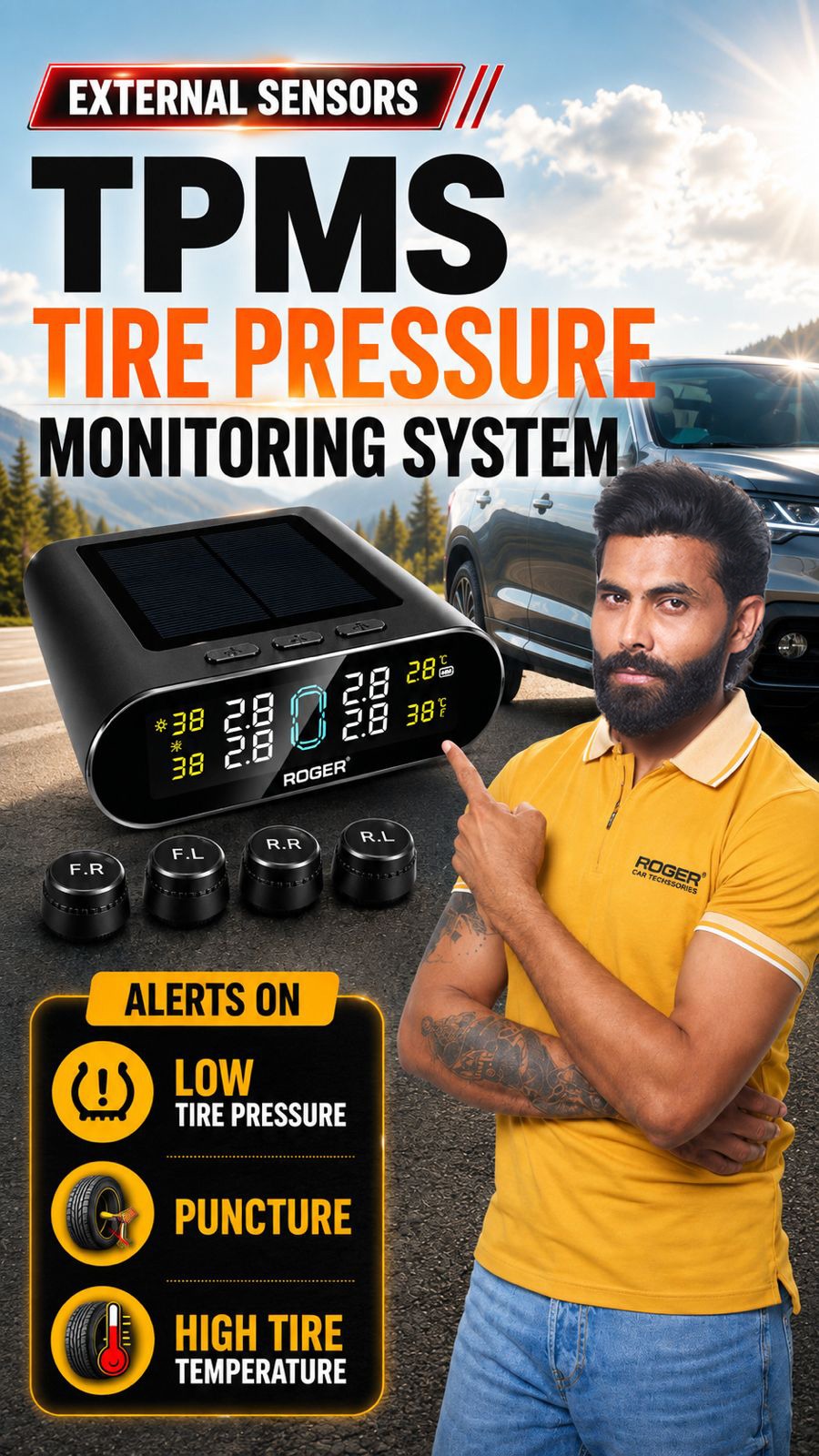 Roger TPMS | External Wireless Sensors | Real-Time Tyre Pressure Monitoring | Puncture Alert System | DIY Installation in Just 5 Minutes | Auto Power On/Off | 1-Year Warranty