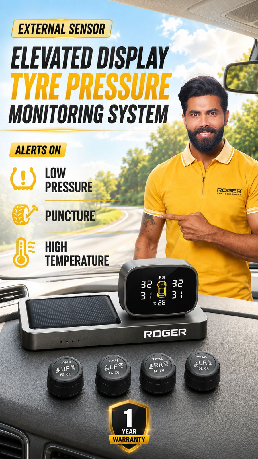 Roger TPMS | Unique Display Design | Wireless External Sensors | Real-Time Tyre Pressure Monitoring | Instant Puncture Alerts | DIY Fits In Just 5 Minutes | 1-Year Warranty | Auto Power On/Off |