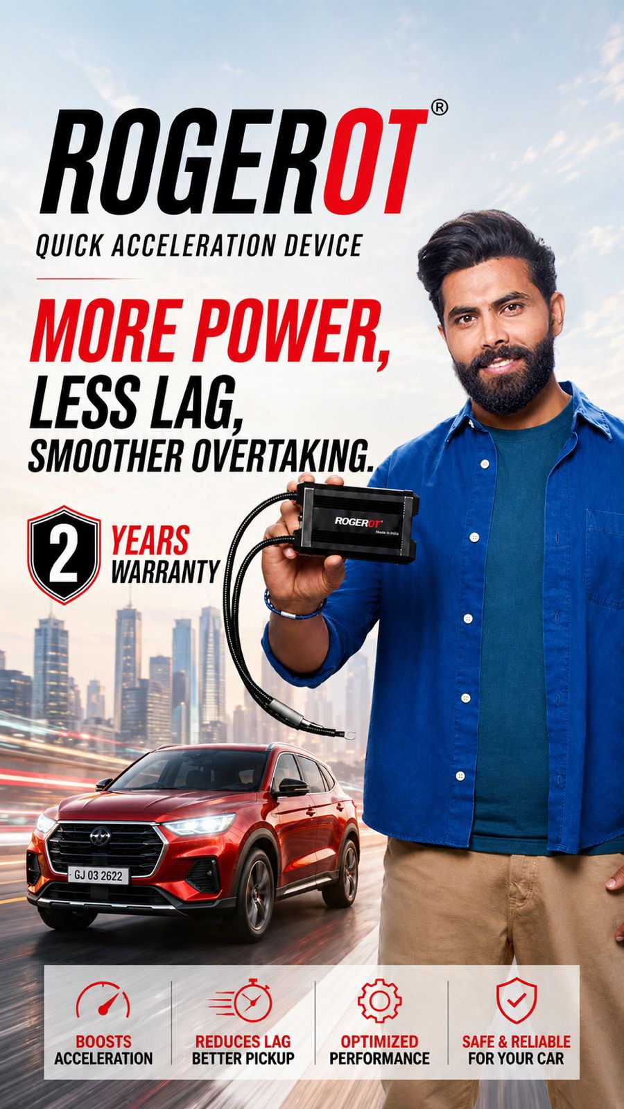 Roger Rogerot Quick Acceleration Device| Fits Petrol, Diesel & CNG Cars | Instant Pick Up | Better Highway Overtaking | No Wire Cutting | Fits on Car Battery | 5-Minute Installation | 30-Day Buy Back | Fits All Car Models
