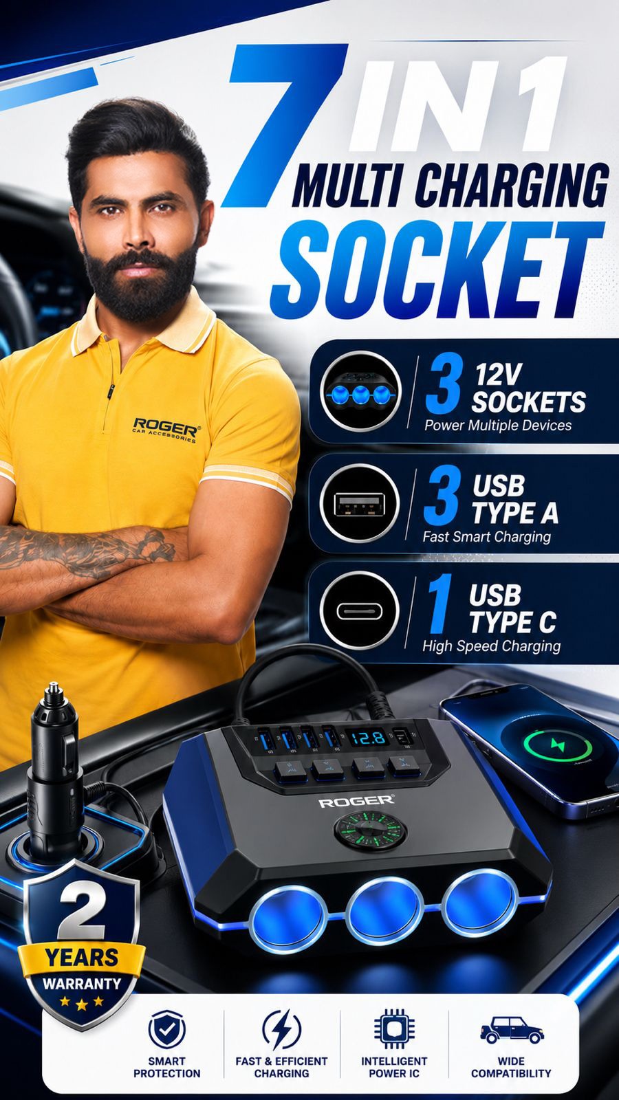 Roger 7-in-1 Socket Splitter | 2-Year Warranty | 120W High Power Output | Charge Multiple Devices | USB & Type-C Fast Charging | LED Voltage Display